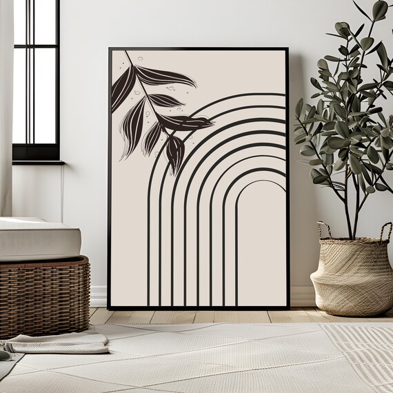 Boho Black Line Rainbow Arch Botanical Leaves Minimalist Art Print