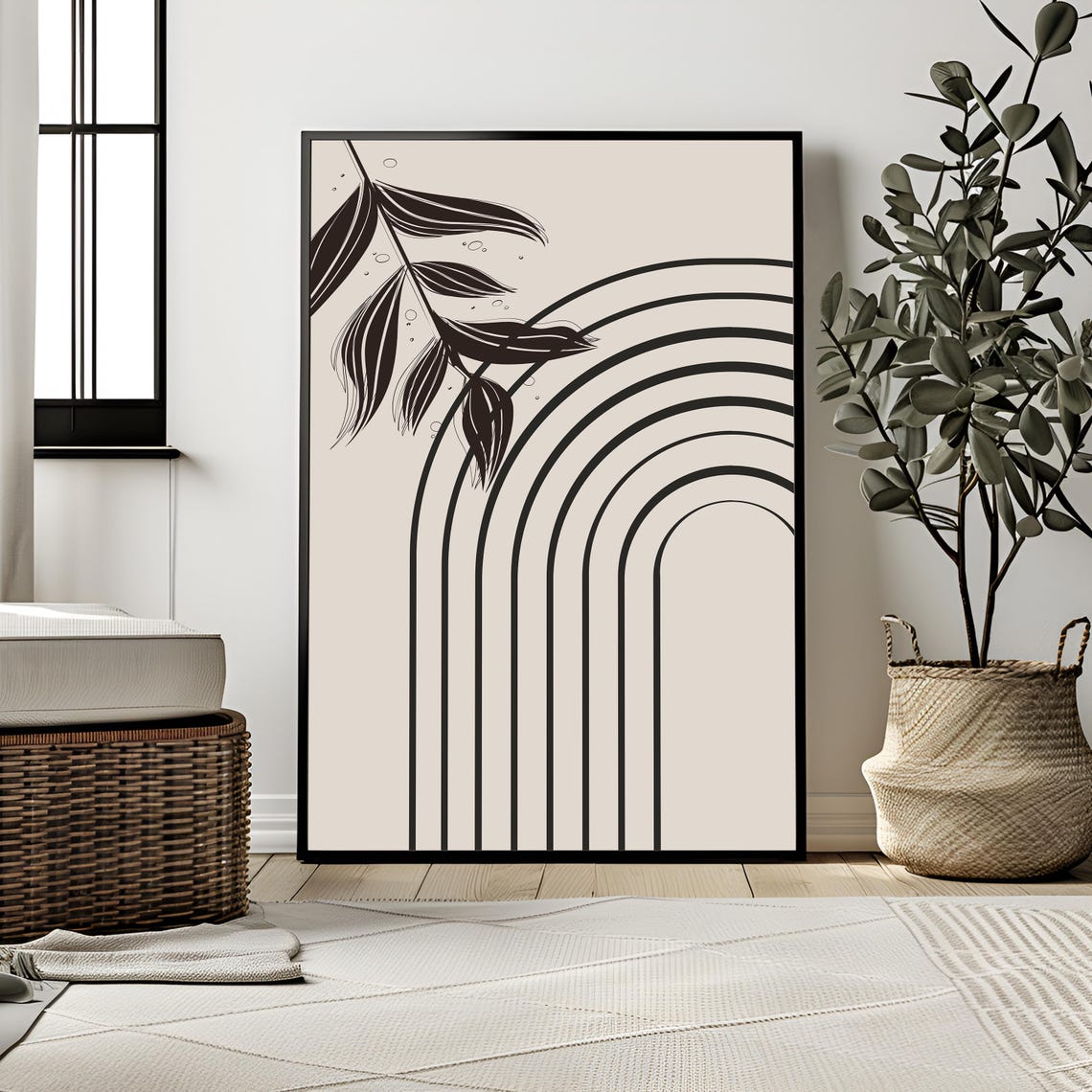 Boho Black Line Rainbow Arch Botanical Leaves Minimalist Art Print