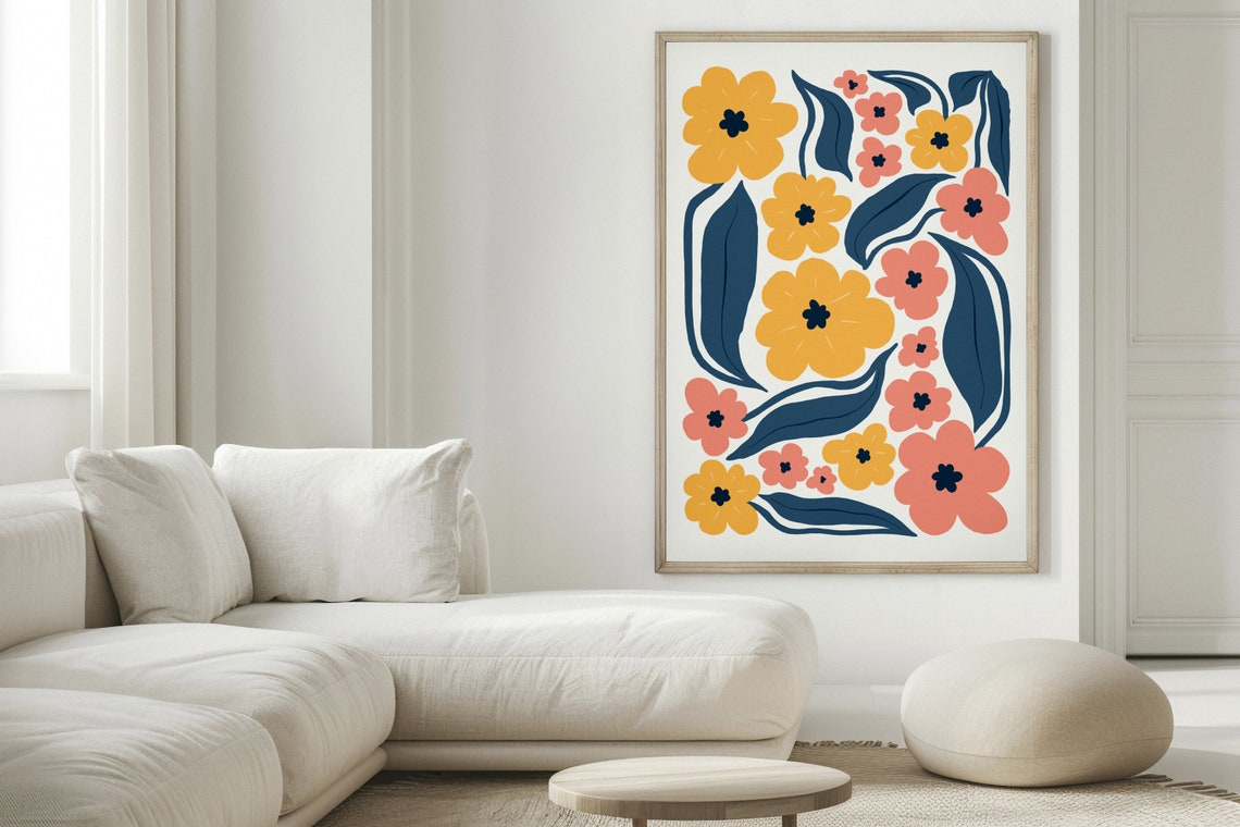 Yellow Coral Flowers Navy Leaves Matisse Style Botanical Art Poster