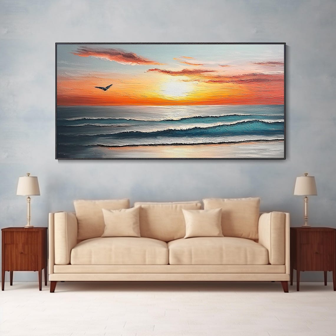 Ocean Sunset Seagull Waves 3D Textured Coastal Seascape Art Poster - Image 3