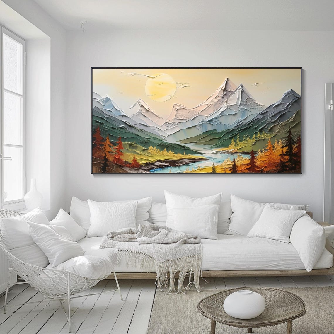 Mountain Sunrise River Valley Autumn Trees Textured Art Poster - Image 3
