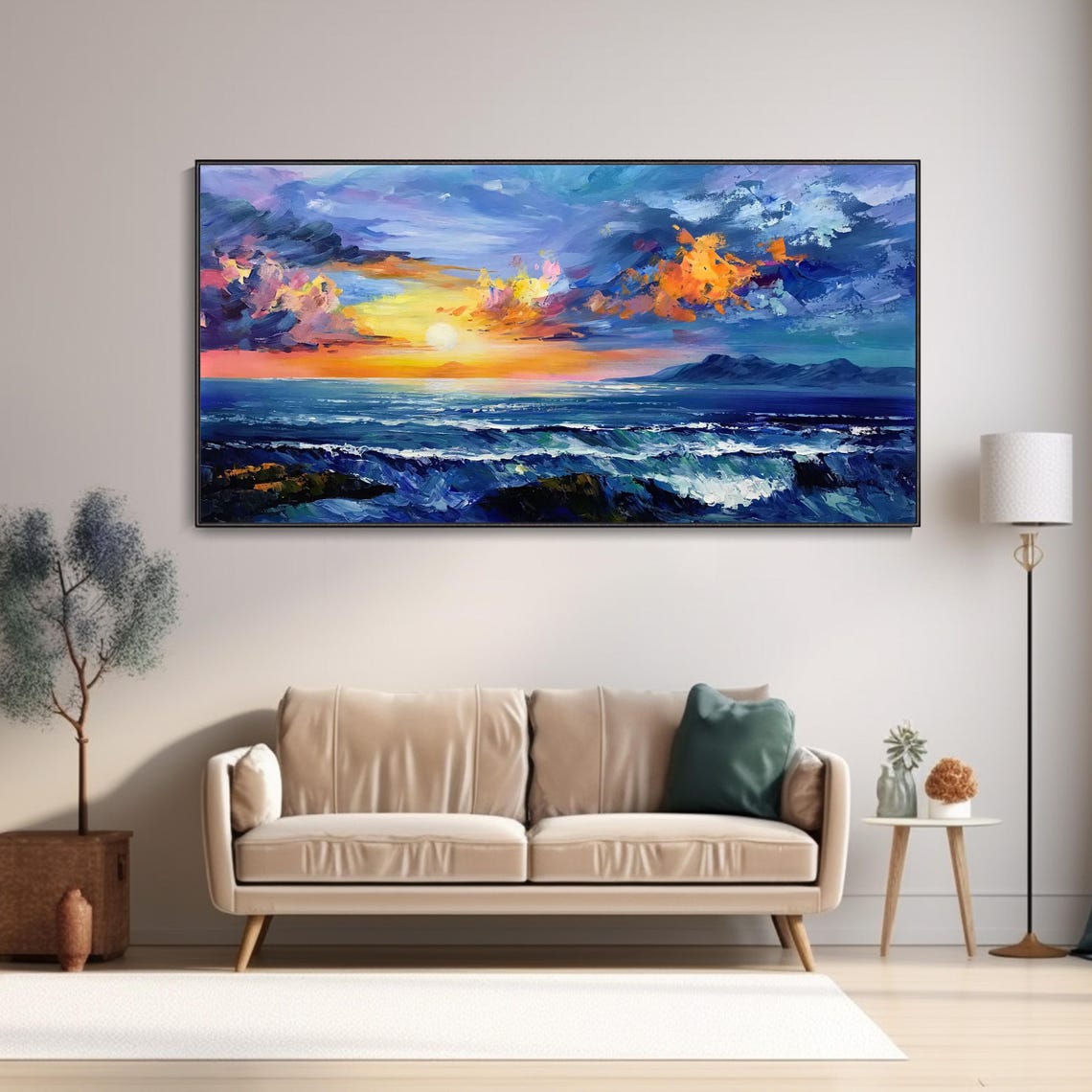 Modern Blue Ocean Landscape Painting Warm Sea Sunrise Hand Oil Painting Natural Seascape Texture Art Wall Art Fashion Home Decor - Image 2