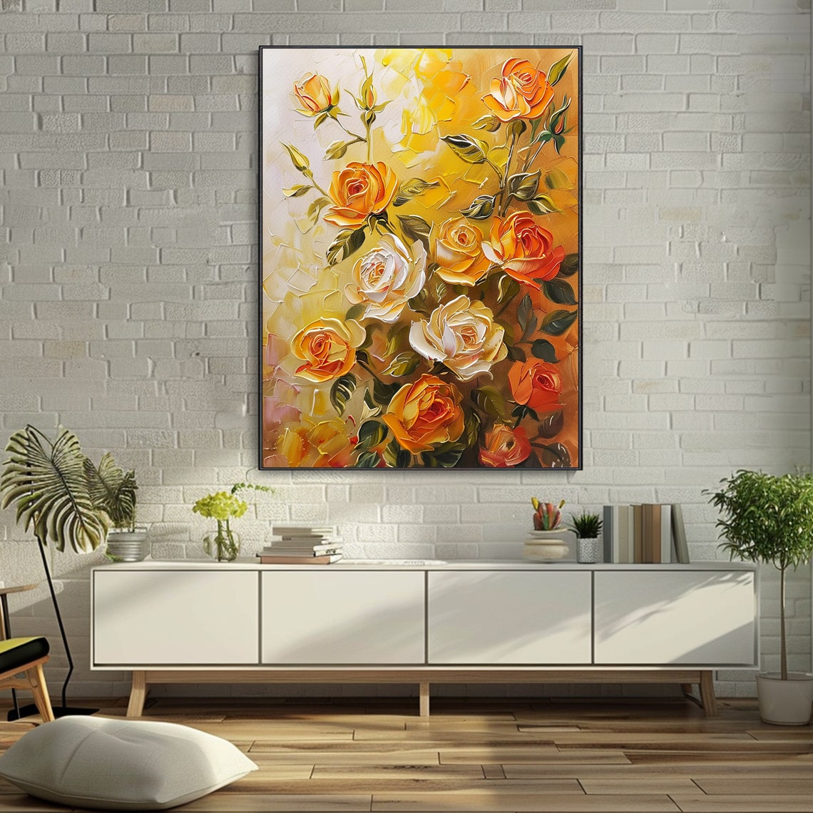 Golden Yellow Orange Roses Creamy Texture Knife Painting Poster - Image 3