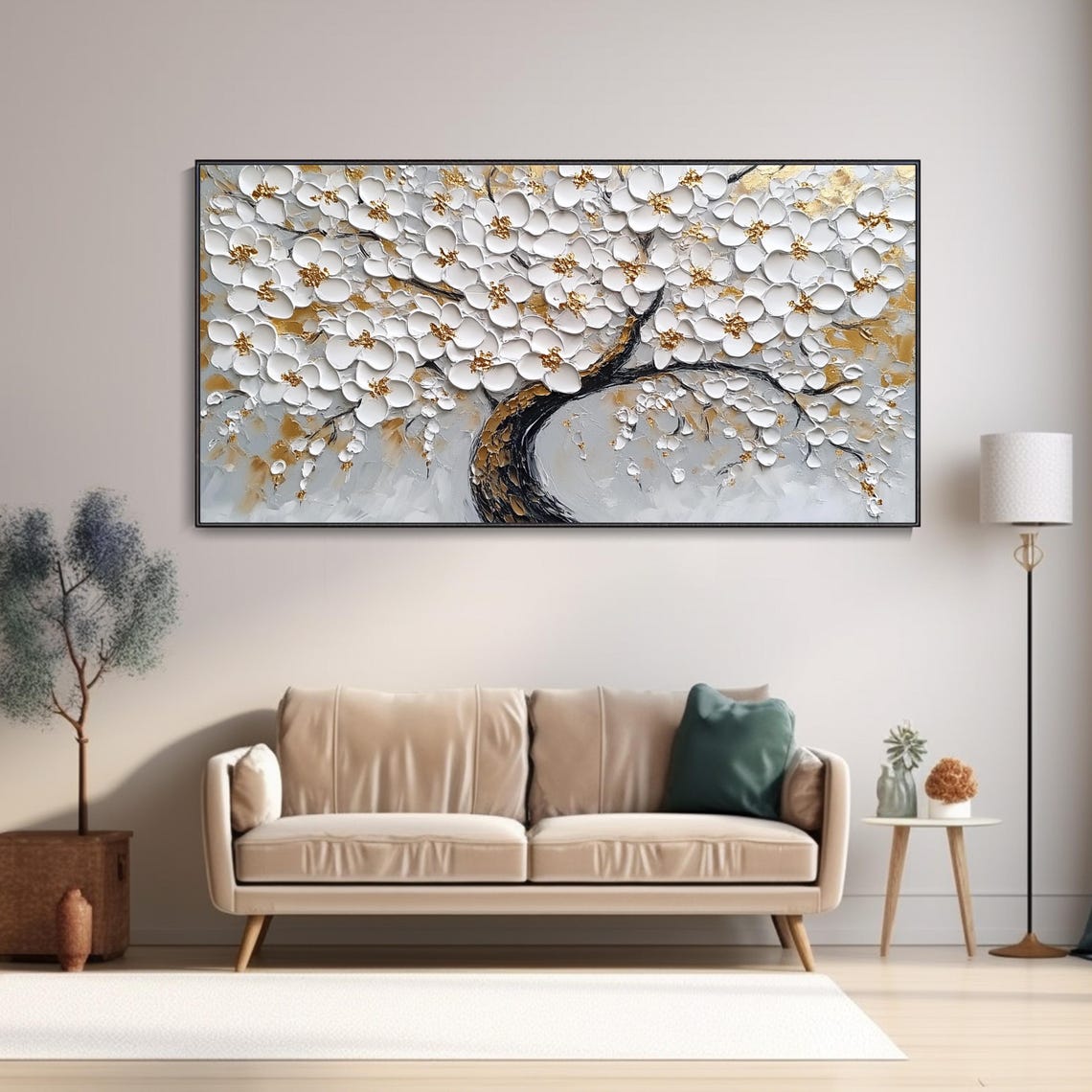 White Blossom Tree Gold Accents Black Trunk Floral Oil Poster - Image 3