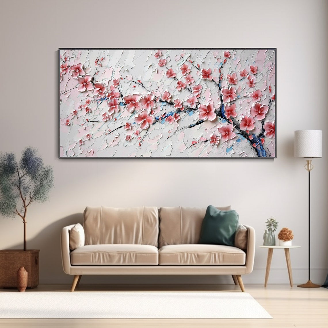 Pink Cherry Blossom Branch White 3D Texture Floral Oil Poster - Image 3