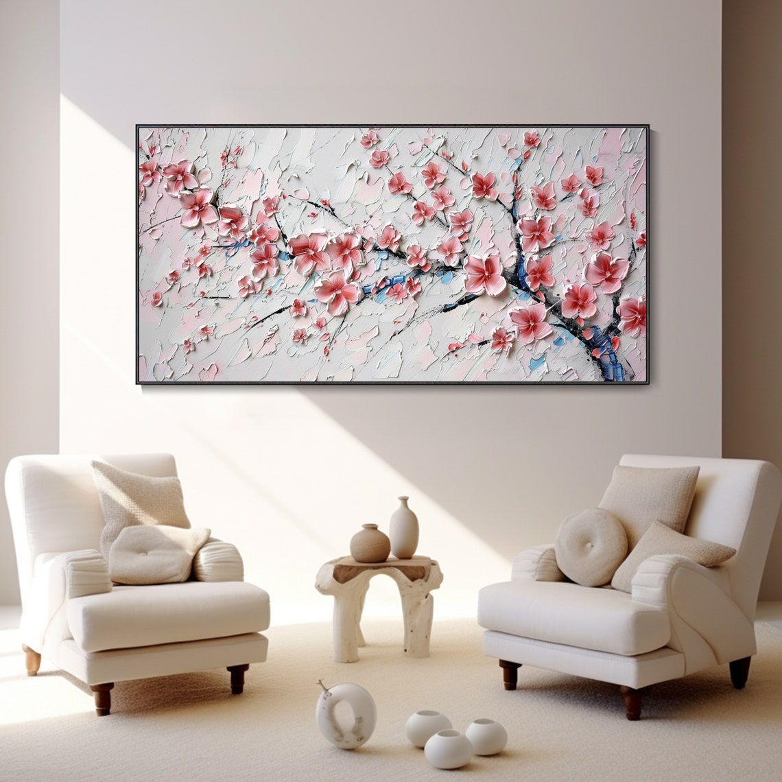 Pink Cherry Blossom Branch White 3D Texture Floral Oil Poster - Image 2