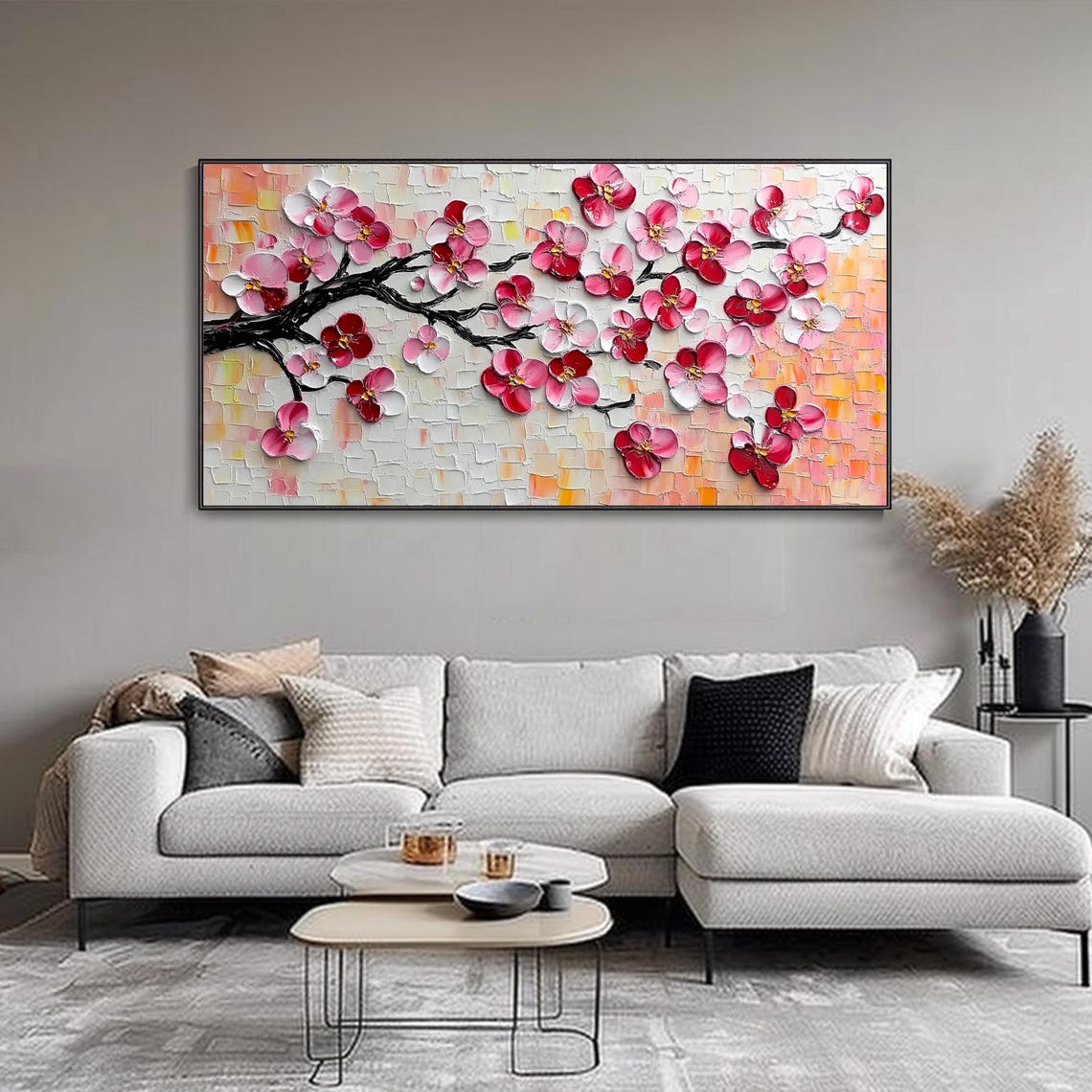 Pink Cherry Blossom Branch Mosaic 3D Textured Floral Art Poster - Image 3