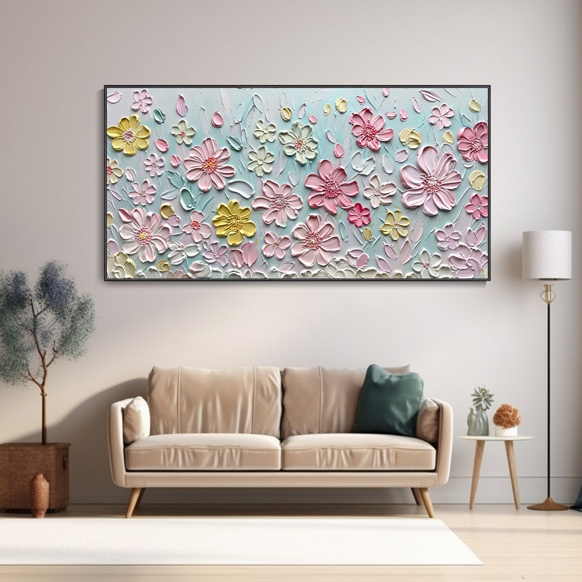 Pastel Pink Yellow Flowers Mint Meadow 3D Texture Oil Poster - Image 2