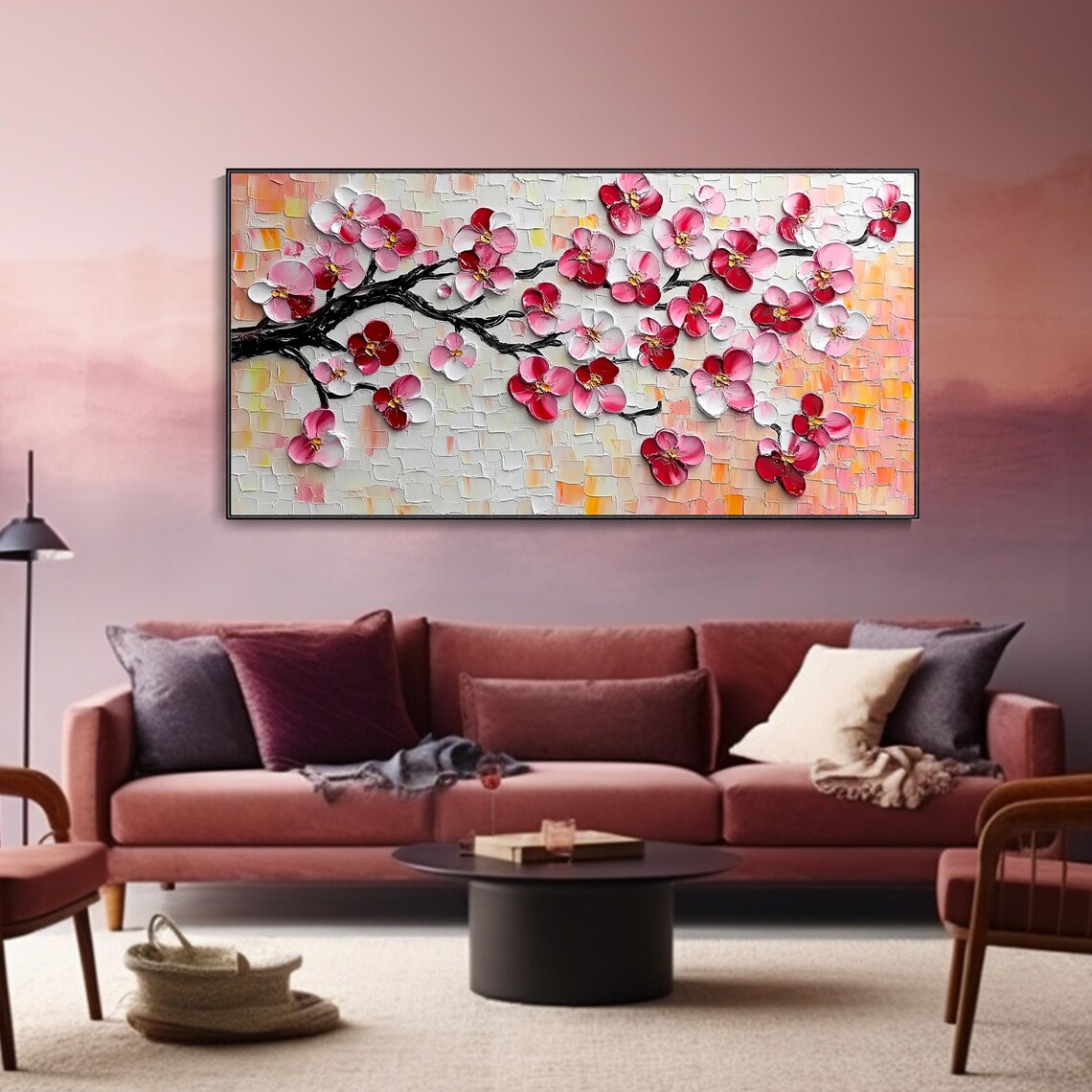 Pink Cherry Blossom Branch Mosaic 3D Textured Floral Art Poster - Image 2