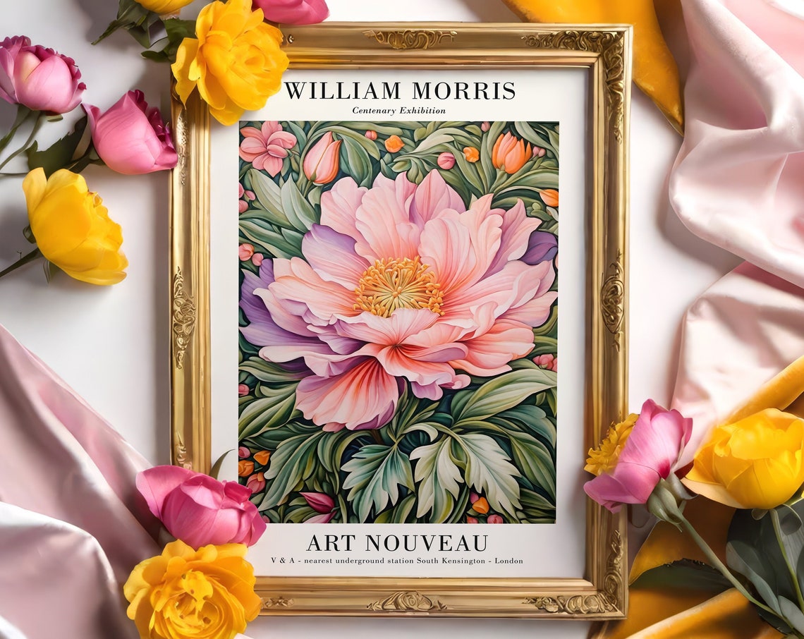 William Morris Centenary Art Nouveau Pink Peony Flower Poster