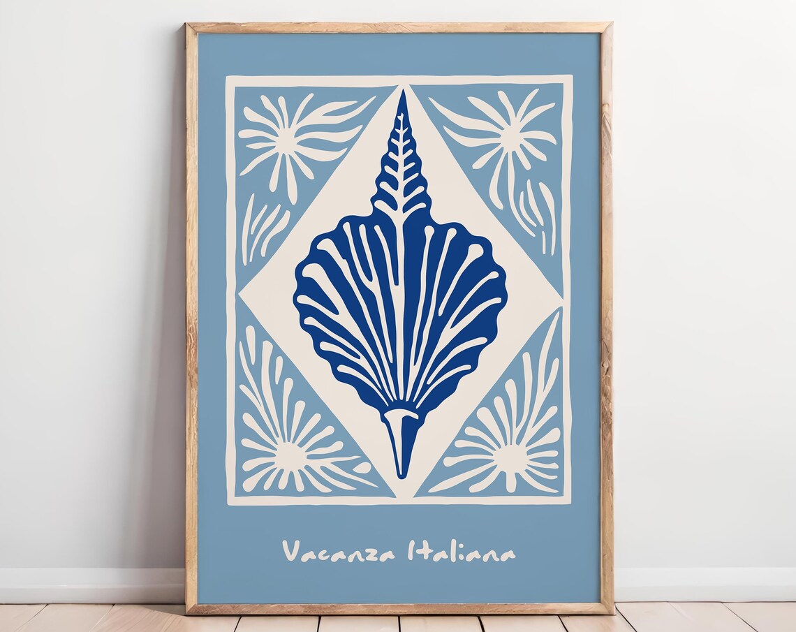 Vacanza Italiana Blue Seashell Poster with Italian Coastal Tile Art