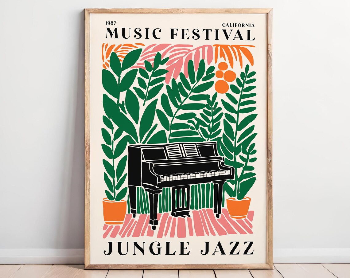 1987 California Music Festival Jungle Jazz Grand Piano Tropical Poster
