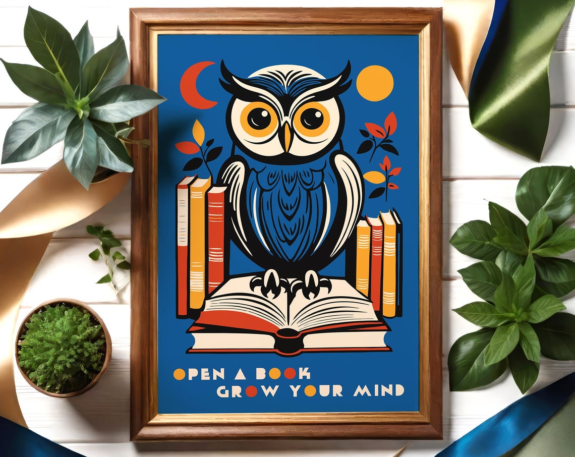 Owl Open a Book Grow Your Mind Motivational Literary Quote Poster
