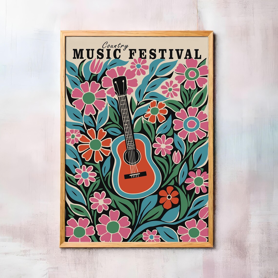 Country Music Festival Colorful Floral Guitar Retro Style Poster