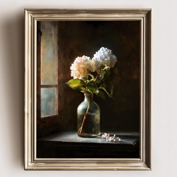 Hydrangea Still Life Wall Art Vintage Flower Print In Glass Vase By Window Minimalist Botanical Oil Painting For Rustic Home Decor