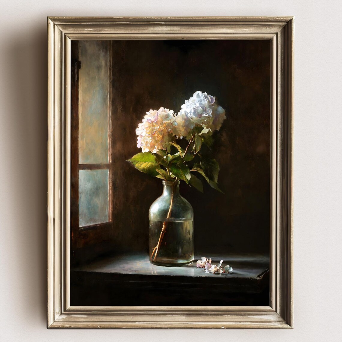 Hydrangea Blooms In Glass Bottle Vintage Floral Still Life Poster