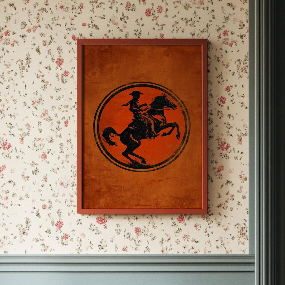 Rustic Cowboy and Horse Silhouette Poster Orange Western Circle