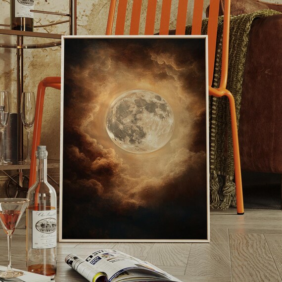 Glowing Full Moon Among Golden Clouds Mystical Night Sky Poster