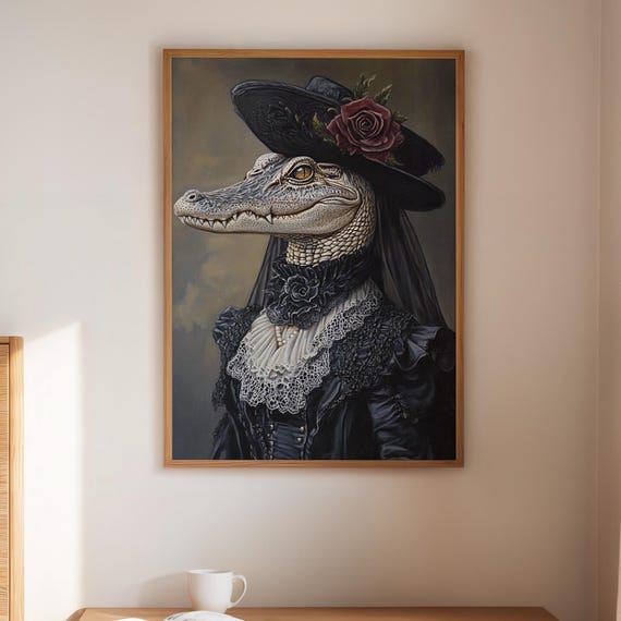 Elegant Victorian Alligator Portrait In Lace And Rose Hat Anthropomorphic Animal Art For Whimsical Gothic Vintage Wall Decor