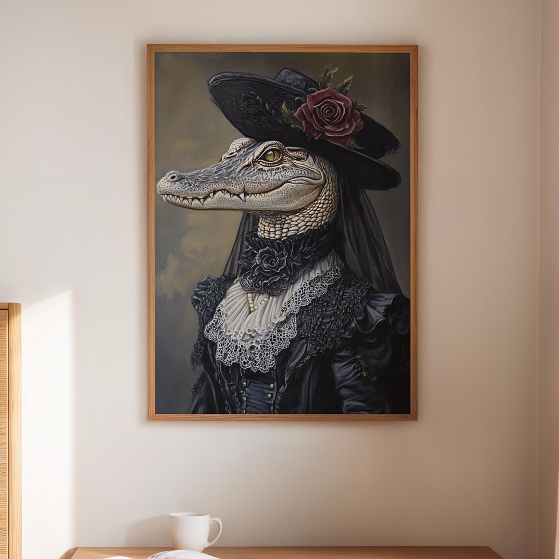 Elegant Victorian Alligator Portrait In Lace And Rose Hat Poster