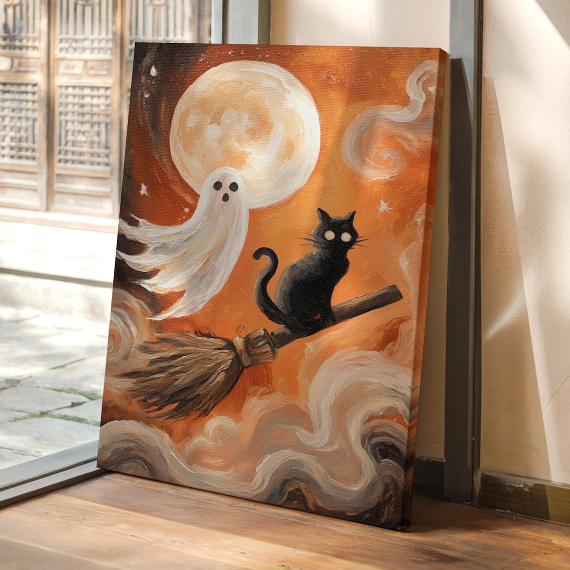 Cute Ghost And Black Cat Riding Broomstick Under Full Moon Poster
