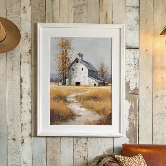 Rustic White Barn With Autumn Trees Farmhouse Art