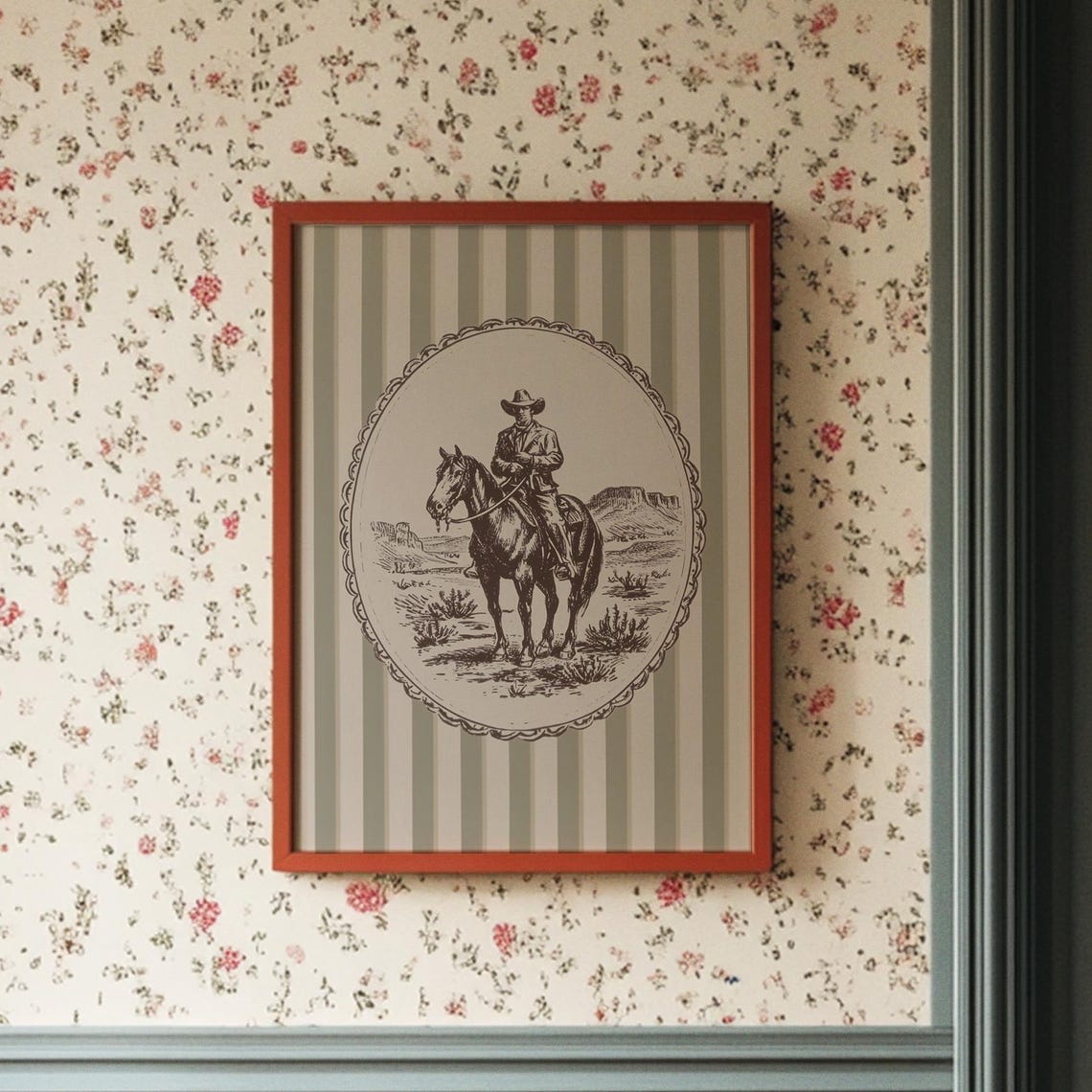 Vintage Cowboy On Horse Western Etching Oval Stripe Art Poster