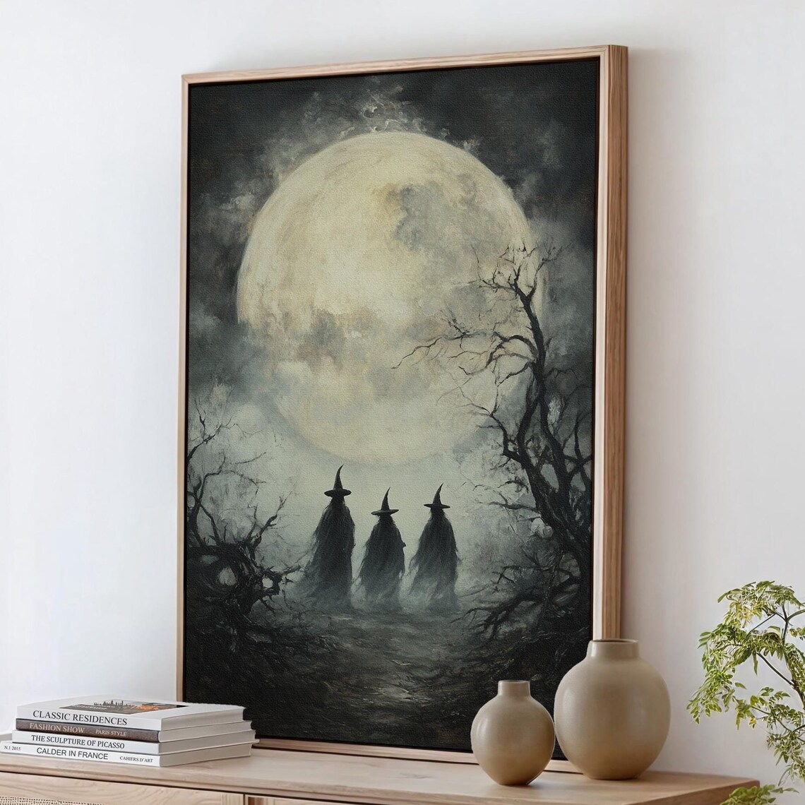 Three Witches Under Full Moon, Gothic Halloween Decor