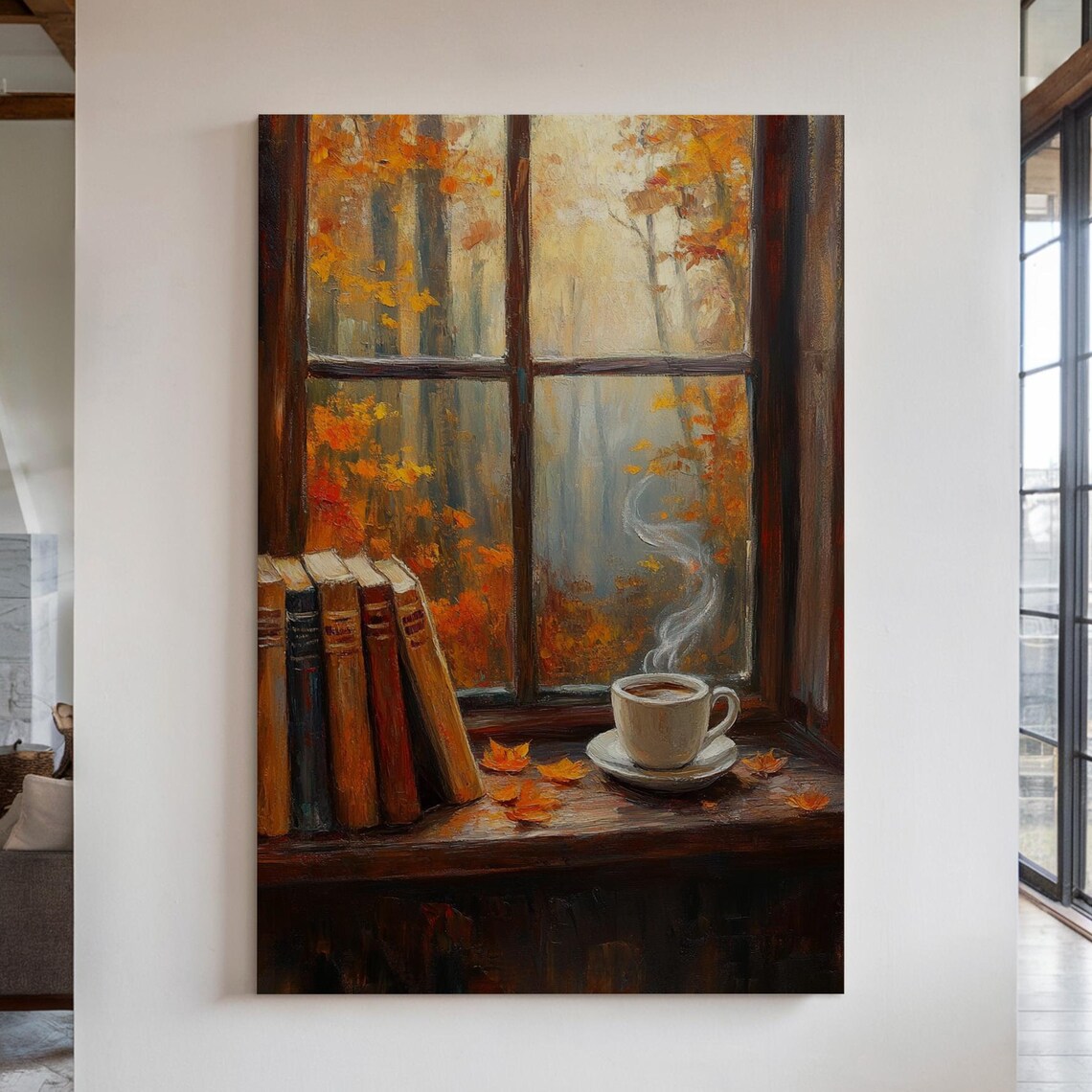 Cozy Autumn Window Scene, Vintage Oil Painting Art Print