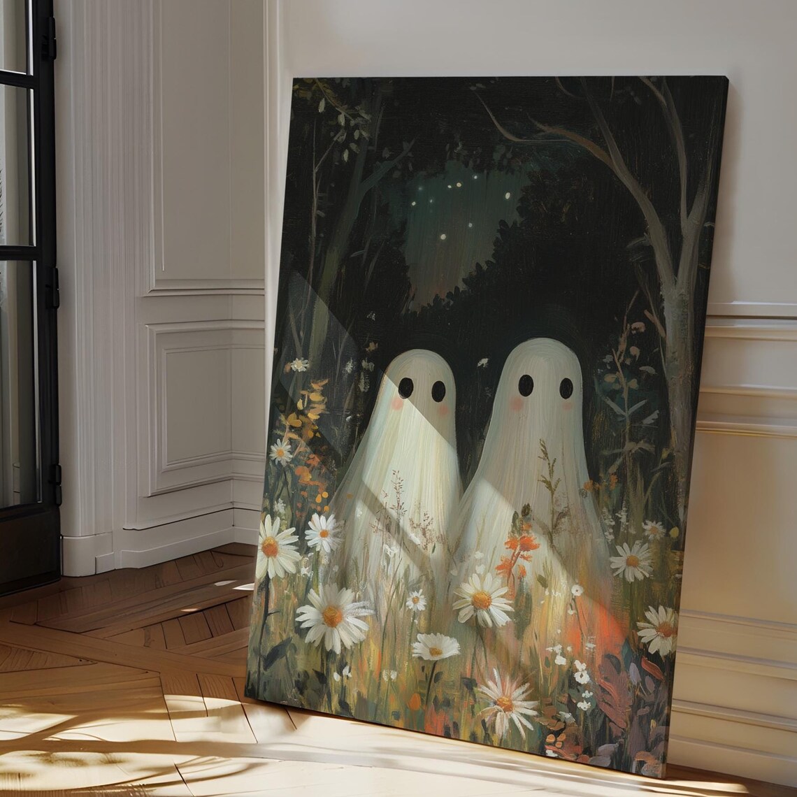 Two Cute Ghosts with Blush Cheeks Among Daisies in Dark Starry Forest Poster