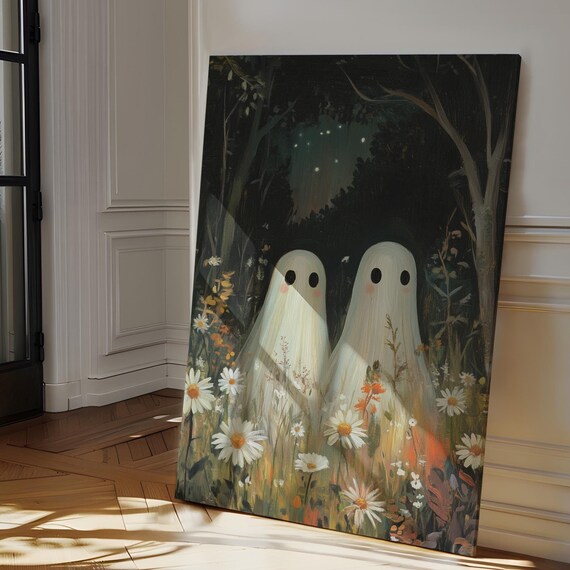 Two Cute Ghosts with Blush Cheeks Among Daisies in Dark Starry Forest Poster