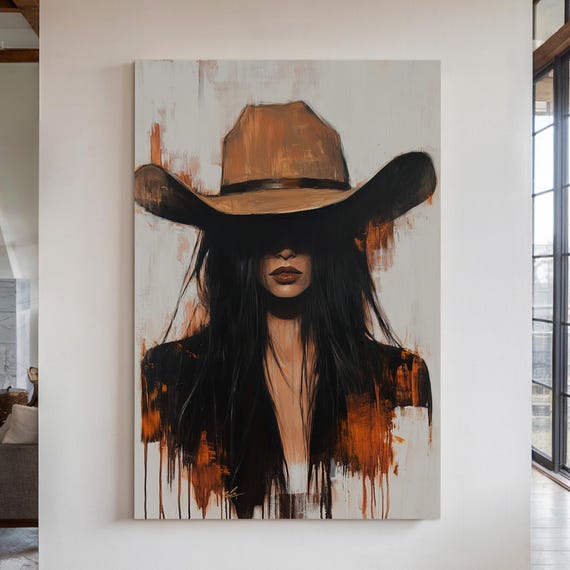 Cowgirl Wall Art Western Woman In Cowboy Hat With Black Hair Drip Painting Rustic Country Home Decor
