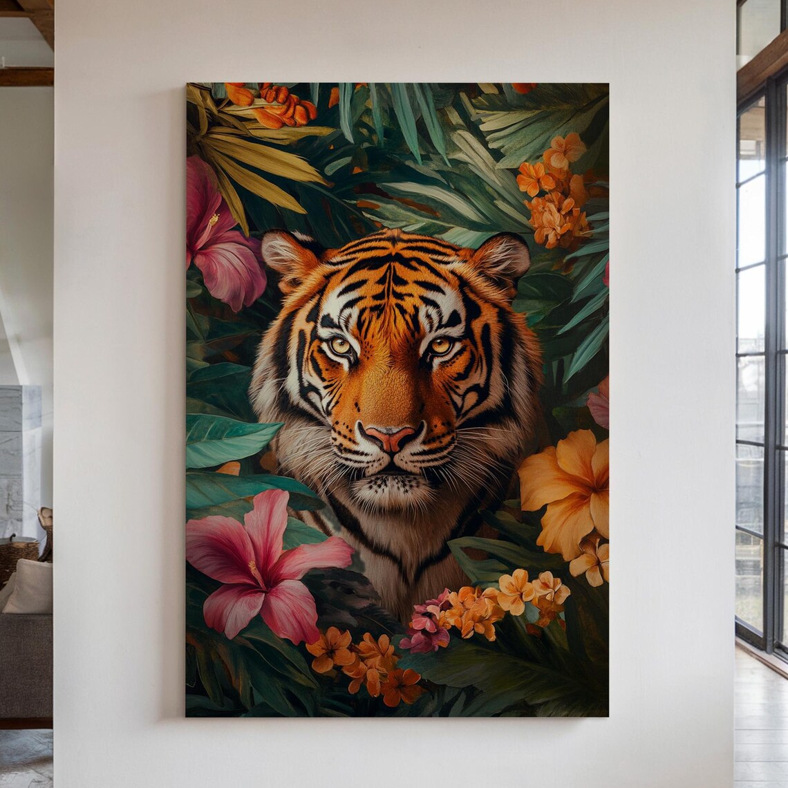 Majestic Tiger In Jungle Vibrant Tropical Floral Wildlife Poster