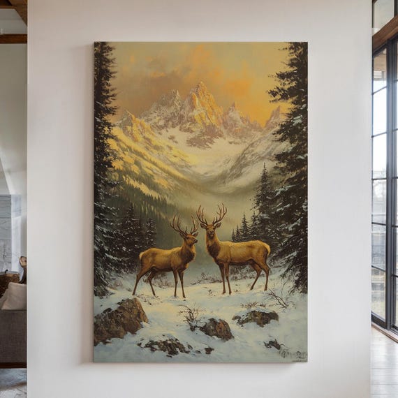Winter Elk Canvas Wall Art Two Stags In Snowy Mountain Sunset Scene Rustic Wildlife Cabin Lodge Decor
