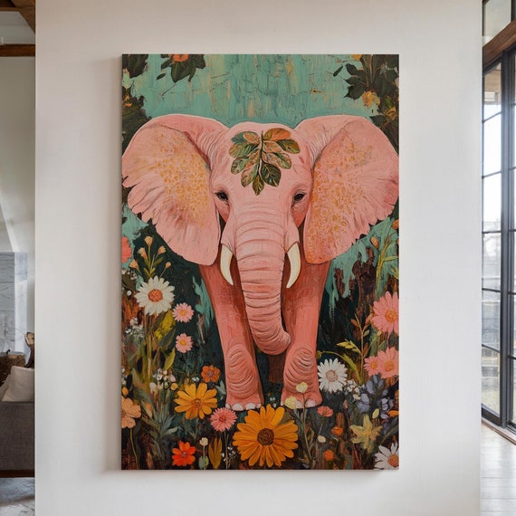 Pink Elephant Boho Art Print, Floral Wildlife