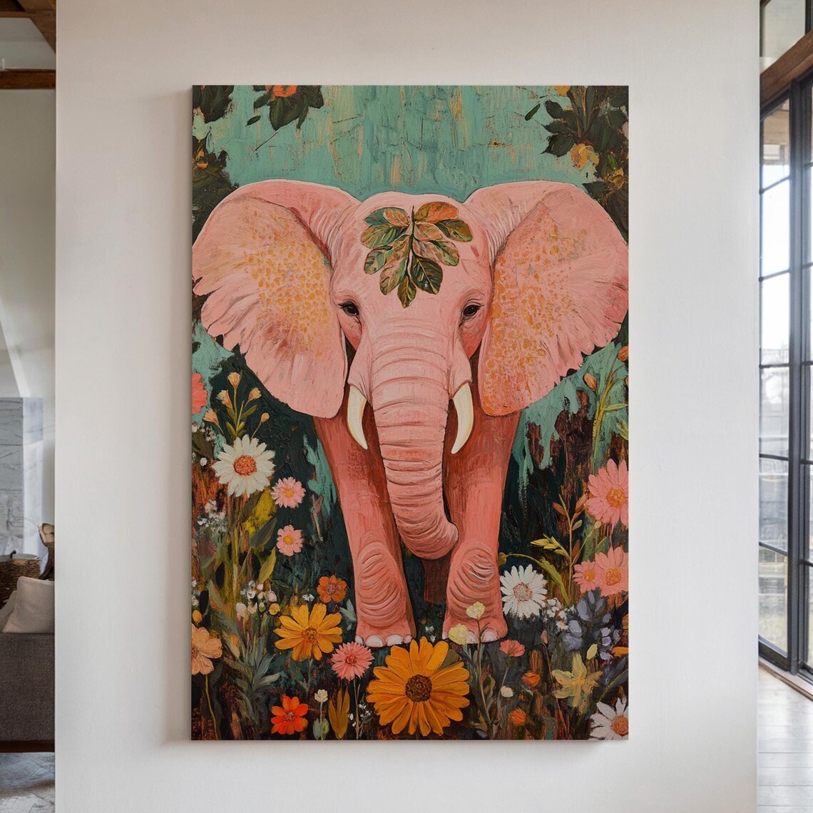 Pink Elephant Boho Art Print, Floral Wildlife