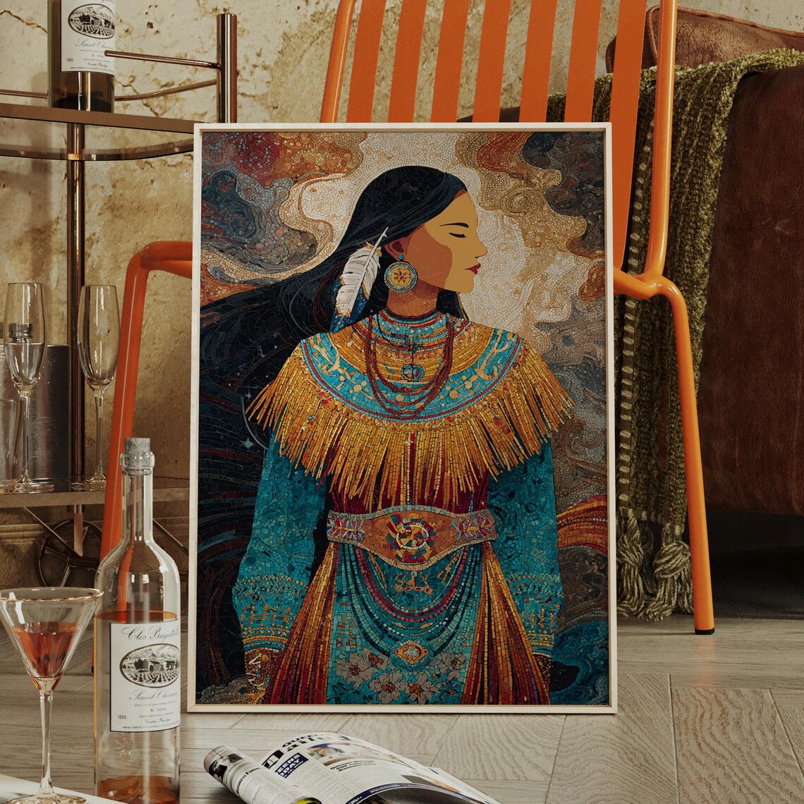 Native Woman Mosaic Portrait Feather Beaded Dress Tribal Art Poster