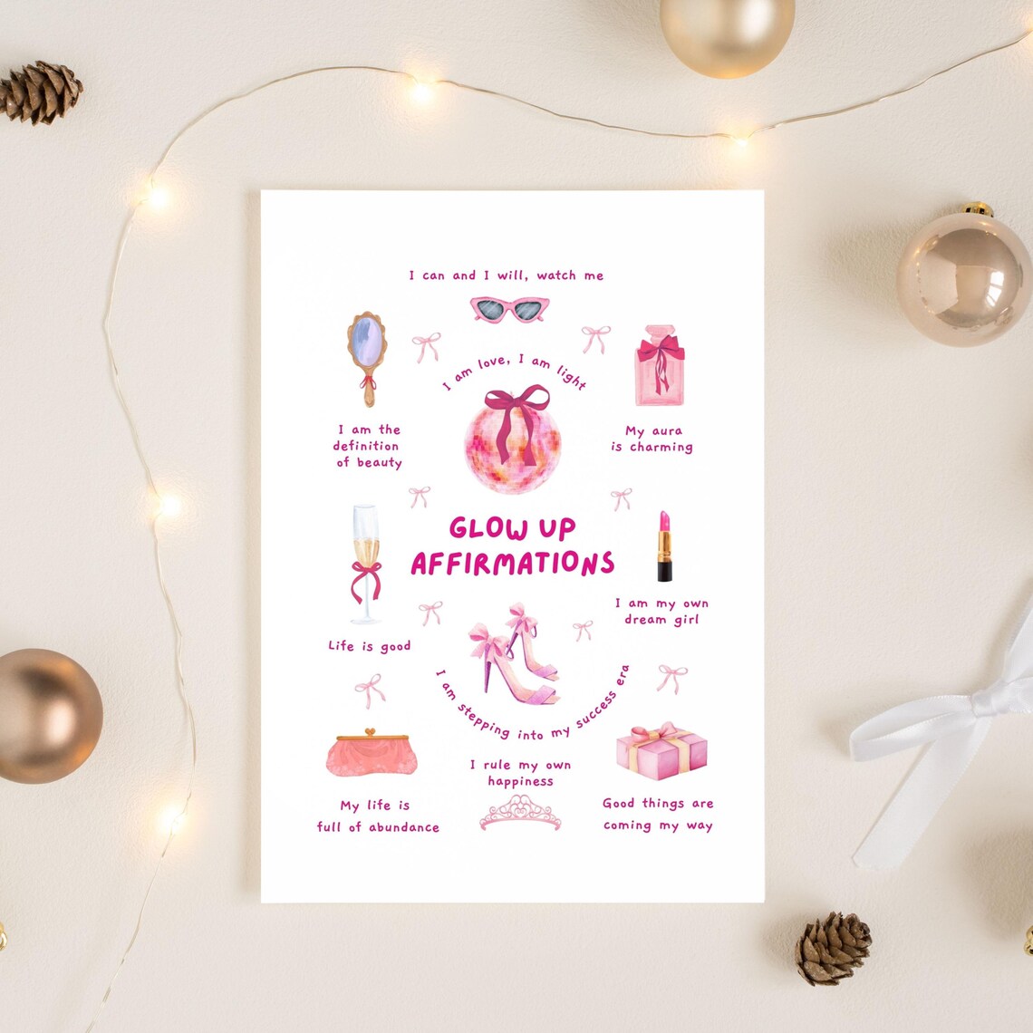 Glow Up Affirmations Pink Coquette Self Love Quotes Dorm Wall Art - Image 3