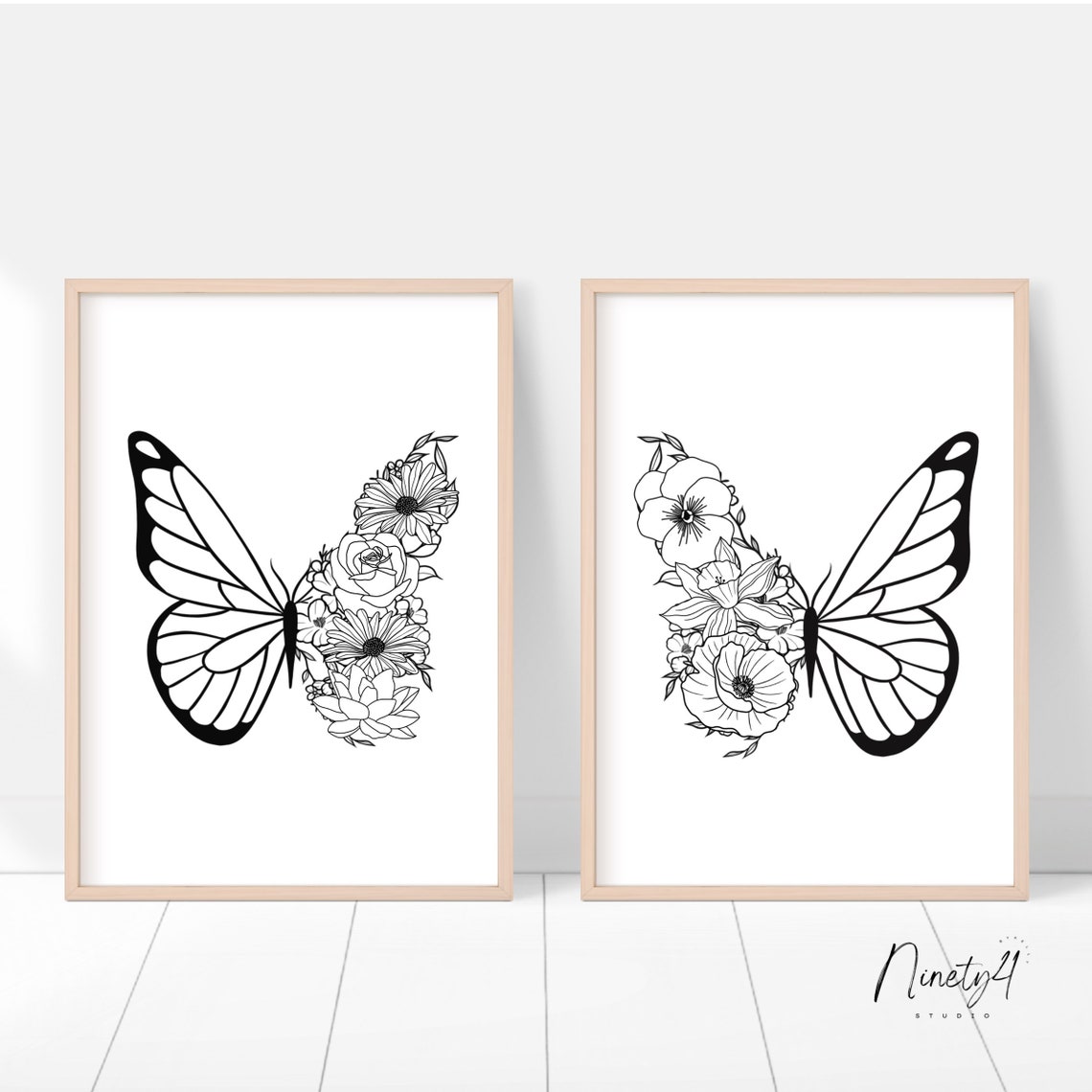 Butterfly Floral Line Art Poster Half Wing Half Bouquet Wall Decor - Image 2