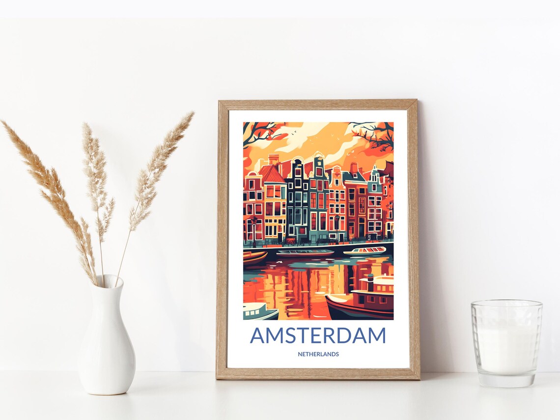 Amsterdam Sunset Canal Houses Fiery Reflection Boats Holland Poster - Image 3