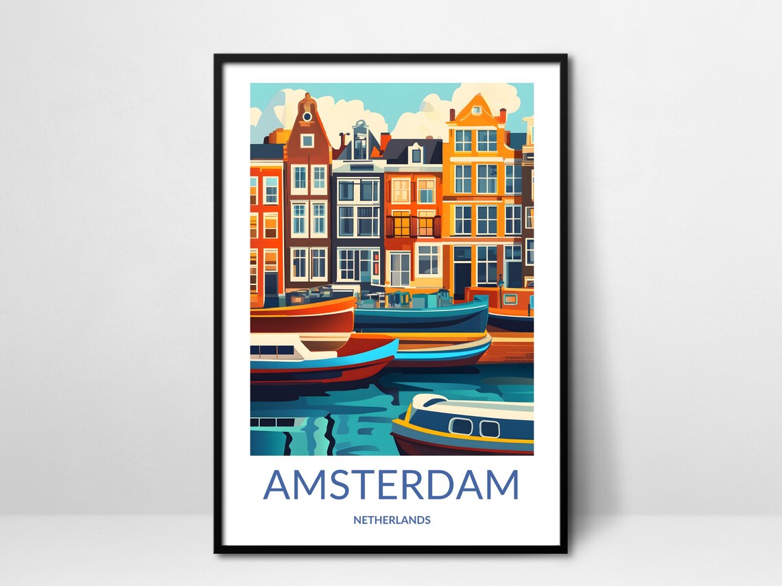 Amsterdam Canal Boats Gabled Houses Waterfront Netherlands Art Poster