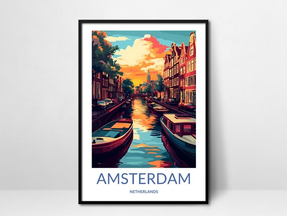 Amsterdam Canal Sunset Boats Golden Water Netherlands Travel Poster