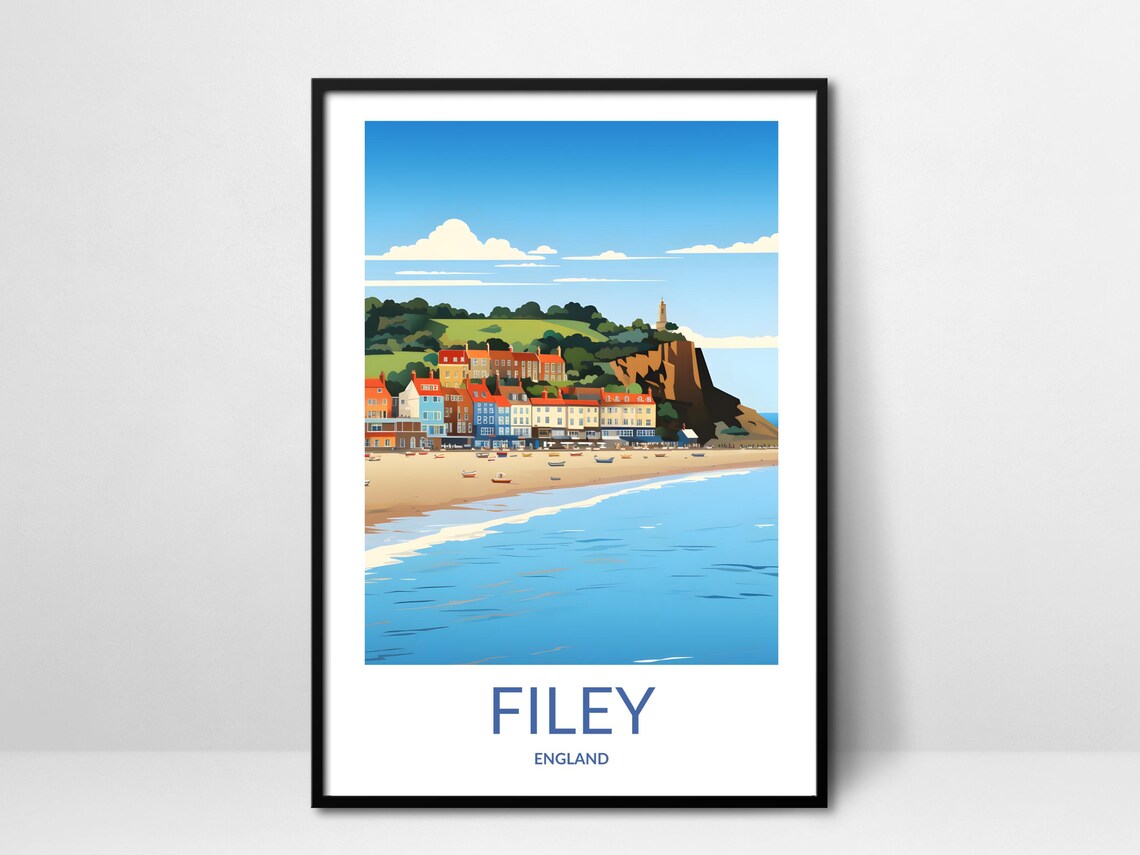 Filey England Bay Beachfront Houses Sunny Day Seaside Poster