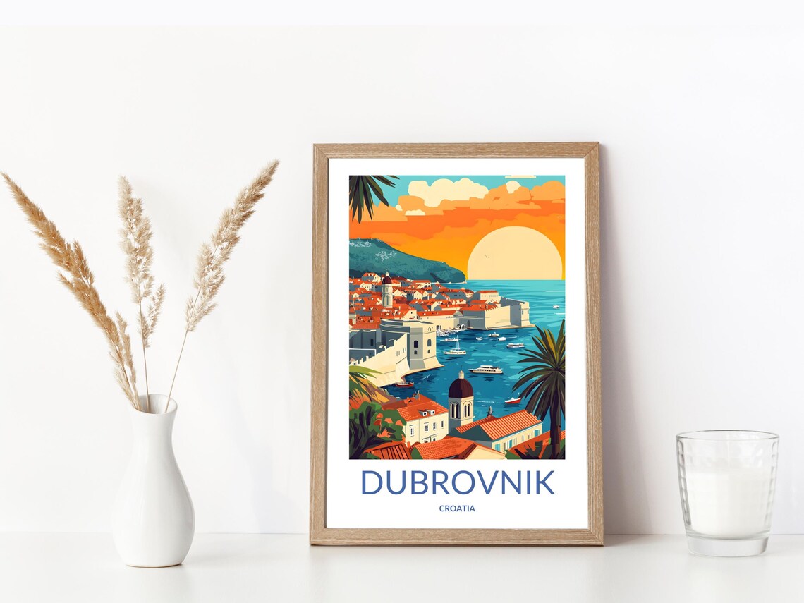 Dubrovnik Sunset City Walls Harbor Boats Croatia Evening Poster - Image 3