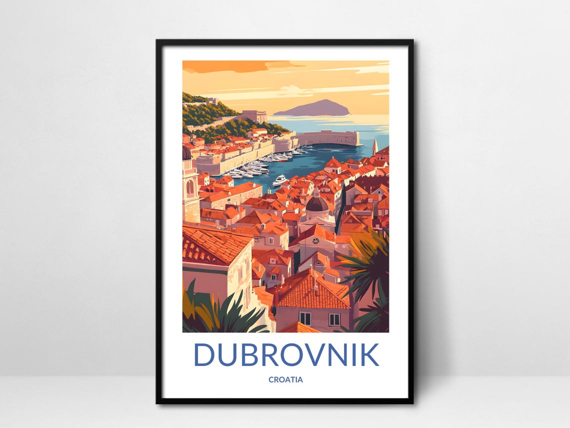 Dubrovnik Old Town Red Roofs Harbor Adriatic Croatia Travel Poster