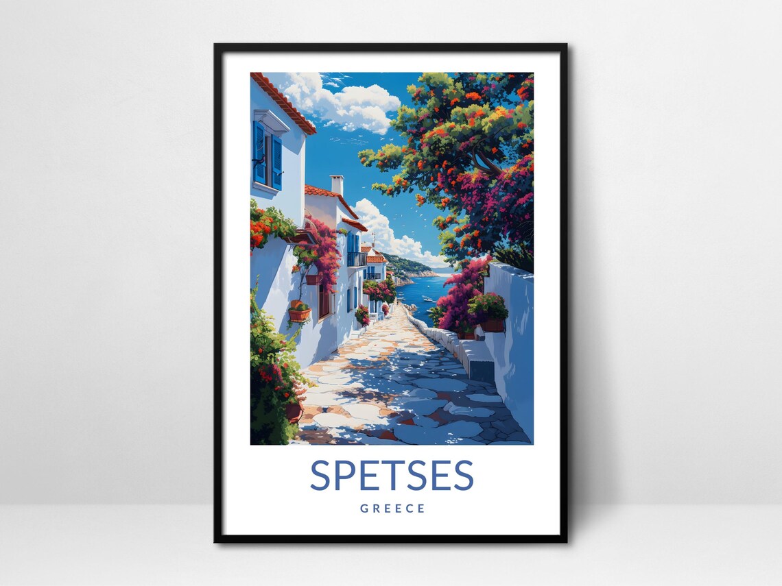 Spetses Greece Island Street Bougainvillea Coastal Travel Poster