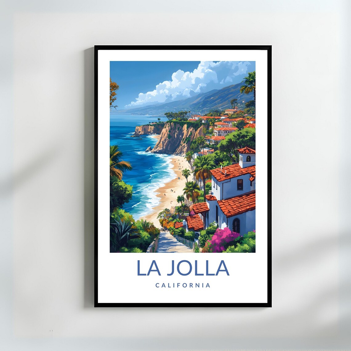 La Jolla California Beach Cliffs Palm Trees Coastal Travel Poster