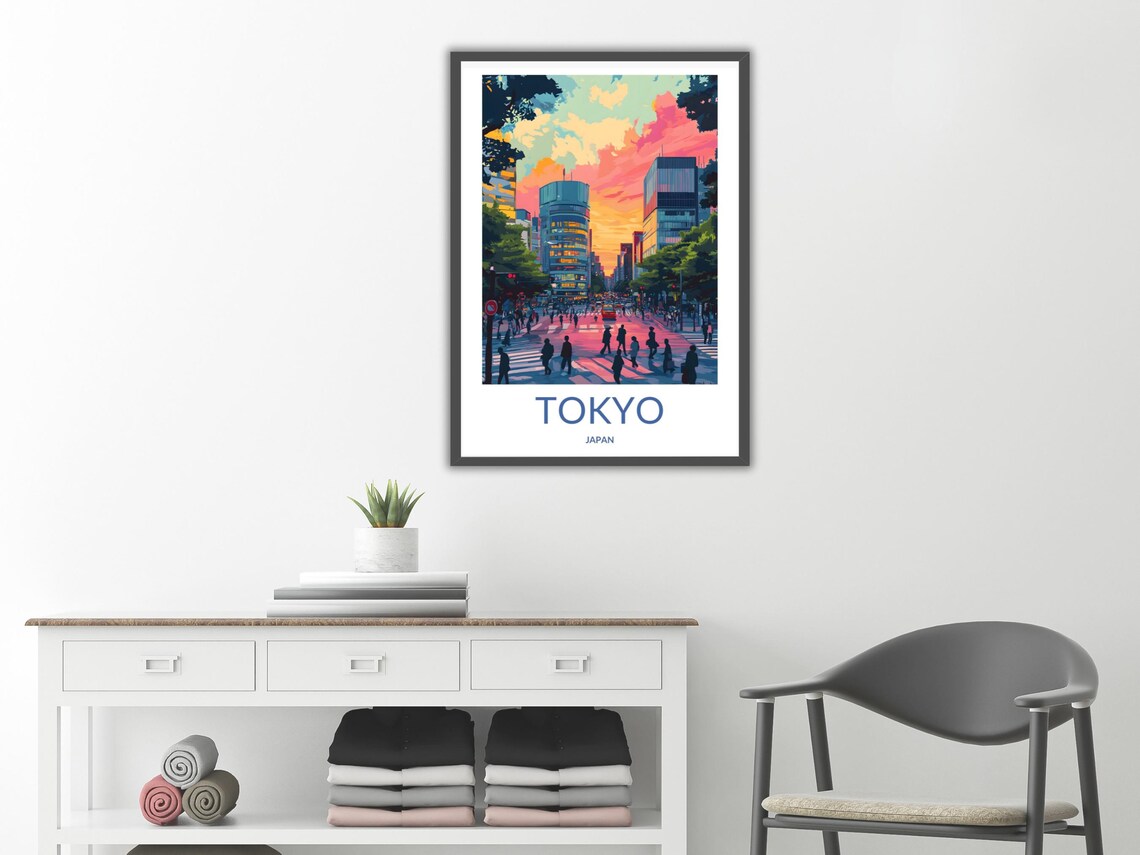 Tokyo City Street Crossing Sunset Pink Sky Vintage Travel Poster - Image 2