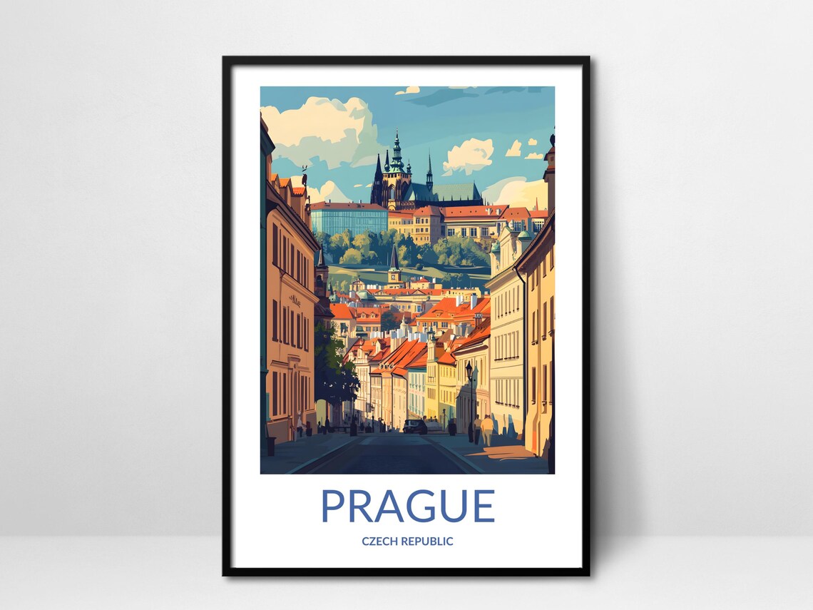 Prague Czech Republic Castle Hill Street Red Roofs Travel Poster
