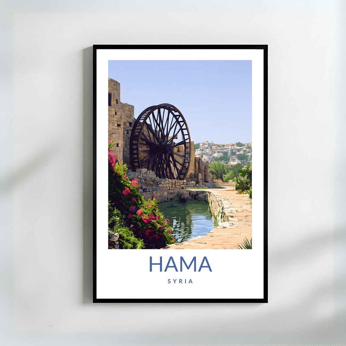 Hama Syria Historic Water Wheel Noria Landmark Travel Poster
